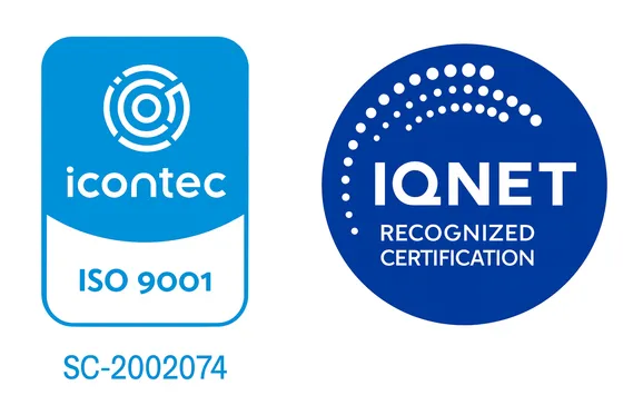 Sellos de la certificación ISO 9001 de Icontec, SC-2002074, y de IQNet Recognized Certification